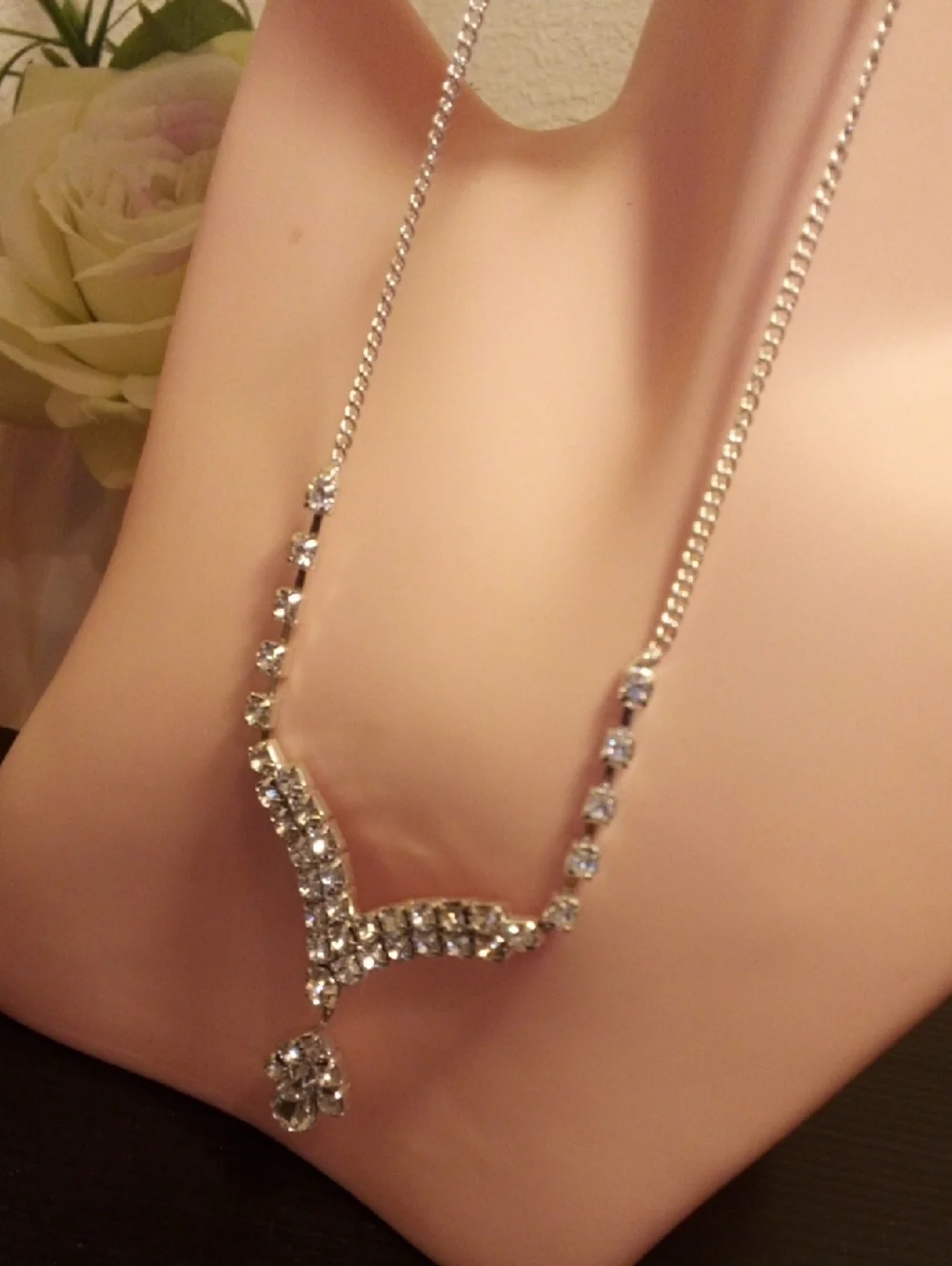 Silver Crystal V-Shaped Pendant Necklace - Women Jewelry